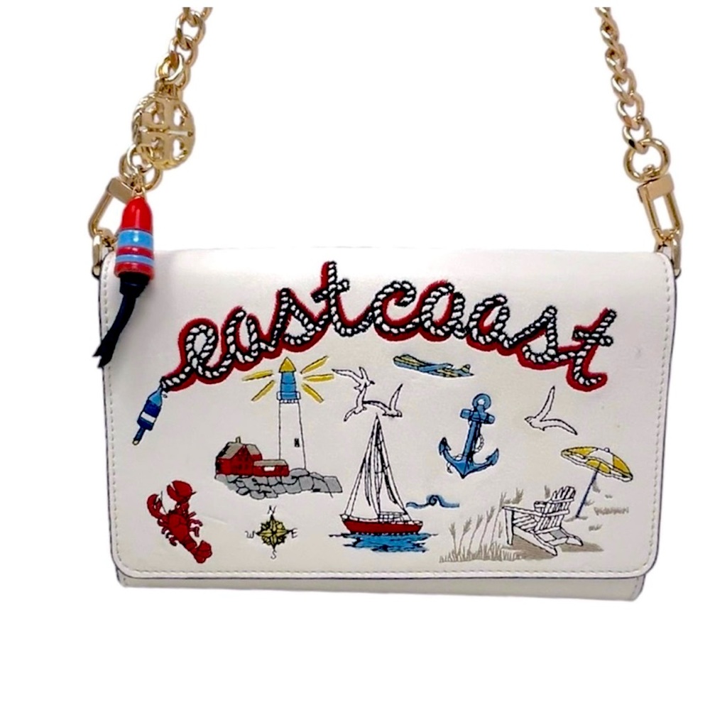 Tory Burch Embroidered East Coast Chain Clutch Crossbody Wallet White RARE